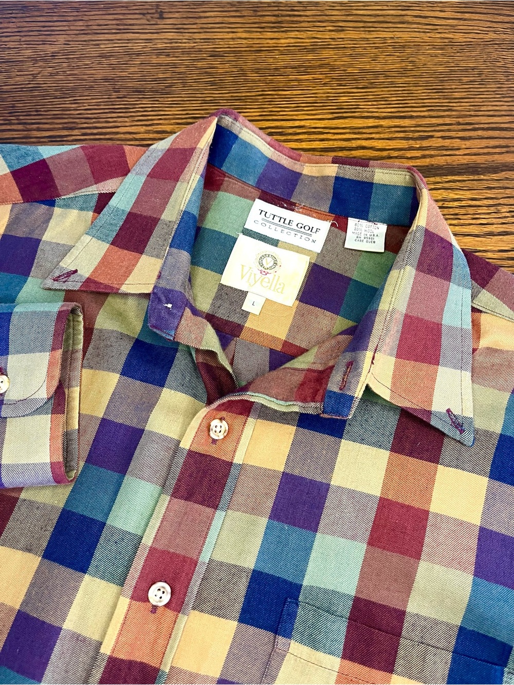 Viyella Mens L Button Down Shirt Check Multicolor Cotton Wool Blend Made In USA